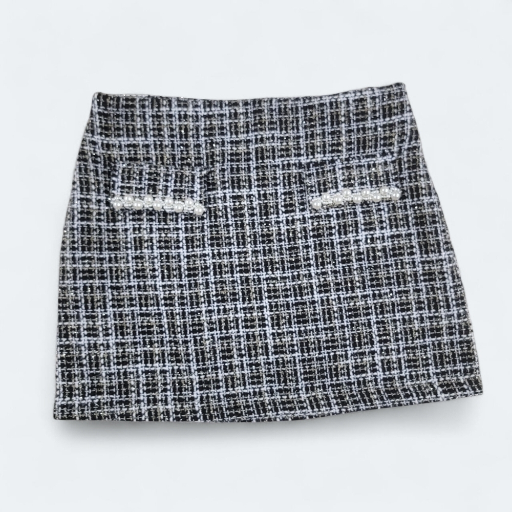 Flying Tomato Tweed Mini Skirt with Pearl Accents Size Large - Black and White